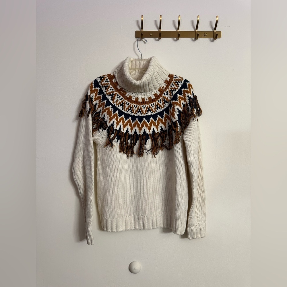 Forever 21 Cream Navy Blue Nordic Boho Fair Isle Fringe Sweater Women’s Sz M - Picture 5 of 8